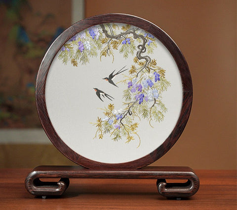 Silk Embroidered Ornament, Premium Souvenir, Exclusive Business Presents, Creative Birthday Gift, Traditional Chinese Suzhou Flower and Birds Embroidery Ornaments-HomePaintingDecor
