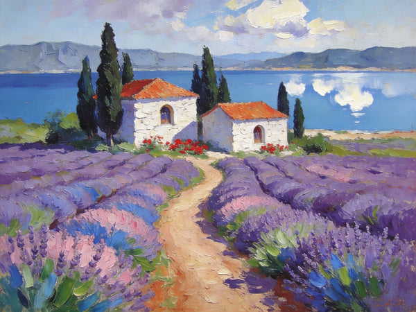 Small Wall Paintings, Lavender Fields and White Cottages, Simple Painting Ideas, Landscape Canvas Paintings, Impasto Wall Art Paintings, On Canvas Small Paintings-HomePaintingDecor