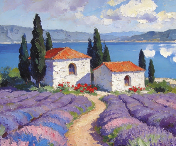 Small Wall Paintings, Lavender Fields and White Cottages, Simple Painting Ideas, Landscape Canvas Paintings, Impasto Wall Art Paintings, On Canvas Small Paintings-HomePaintingDecor