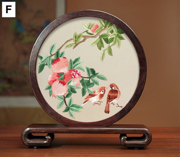 Silk Embroidered Ornament, Premium Souvenir, Exclusive Business Presents, Creative Birthday Gift, Traditional Chinese Suzhou Flower and Birds Embroidery Ornaments-HomePaintingDecor