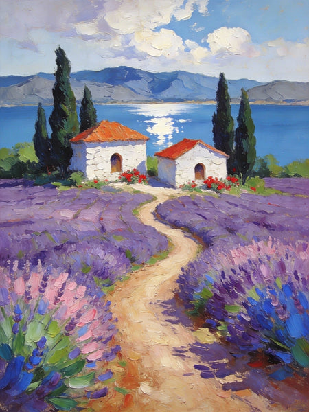 Sunlit Lavender Fields with White Cottages Impasto Paintings, Small Oil Paintings, Small Wall Paintings, Landscape Artwork Canvas Paintings, Small Original Paintings-HomePaintingDecor