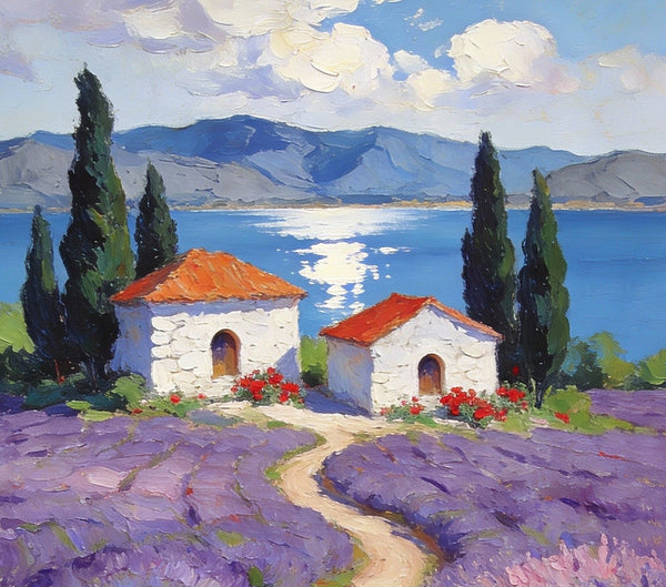 Sunlit Lavender Fields with White Cottages Impasto Paintings, Small Oil Paintings, Small Wall Paintings, Landscape Artwork Canvas Paintings, Small Original Paintings-HomePaintingDecor