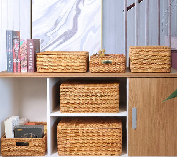 Extra Large Woven Rattan Storage Basket for Bedroom, Rattan Storage Baskets, Rectangular Woven Basket with Lid, Storage Baskets for Shelves-HomePaintingDecor