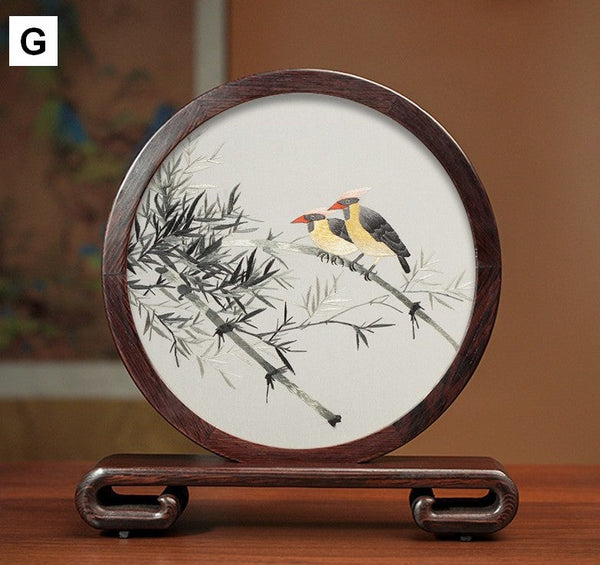 Premium Souvenir, Silk Embroidered Ornament, Exclusive Business Presents, Creative Birthday Gift, Traditional Chinese Suzhou Flower and Birds Embroidery Ornaments-HomePaintingDecor