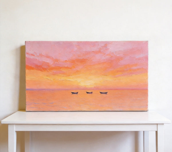 Hand Painted Canvas Artwork, Boats Adrift in Sunset Glow, Small Canvas Wall Art Paintings, Sunset Paintings, Original Seascape Paintings