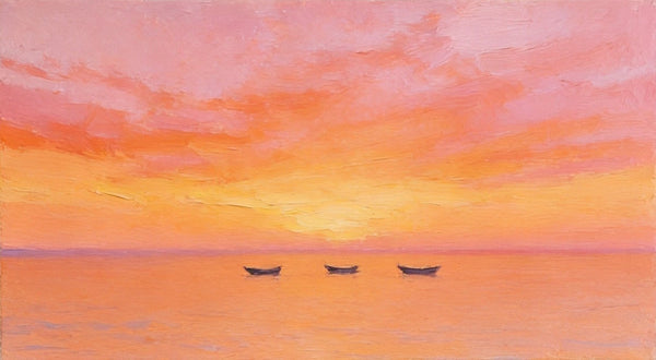 Hand Painted Canvas Artwork, Boats Adrift in Sunset Glow, Small Canvas Wall Art Paintings, Sunset Paintings, Original Seascape Paintings-HomePaintingDecor