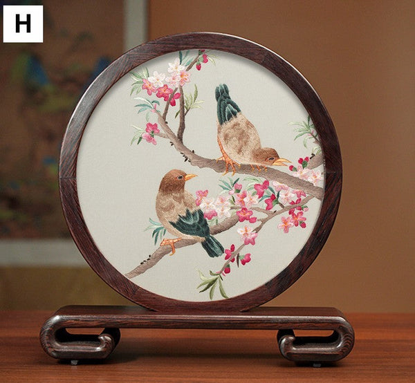 Premium Souvenir, Silk Embroidered Ornament, Exclusive Business Presents, Creative Birthday Gift, Traditional Chinese Suzhou Flower and Birds Embroidery Ornaments-HomePaintingDecor