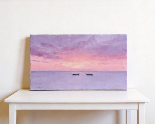 Small Canvas Paintings, Sunset Paintings, Silence of the Twilight Sea, Original Seascape Paintings, Hand Painted Canvas Wall Art-HomePaintingDecor