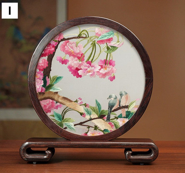Silk Embroidered Ornament, Premium Souvenir, Exclusive Business Presents, Creative Birthday Gift, Traditional Chinese Suzhou Flower and Birds Embroidery Ornaments-HomePaintingDecor