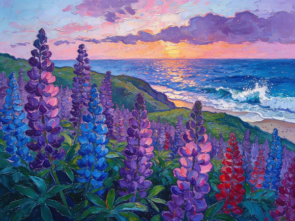Seaside Lupines in Bloom, Heavy Texture Paintings, Original Small Landscape Paintings, Small Oil Paintings on Canvas, Small Paintings on Canvas, Hand Painted Canvas Art-HomePaintingDecor