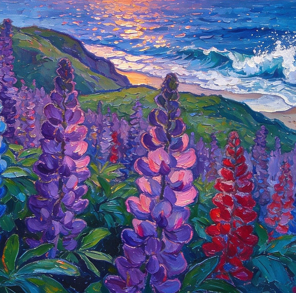 Seaside Lupines in Bloom, Heavy Texture Paintings, Original Small Landscape Paintings, Small Oil Paintings on Canvas, Small Paintings on Canvas, Hand Painted Canvas Art-HomePaintingDecor