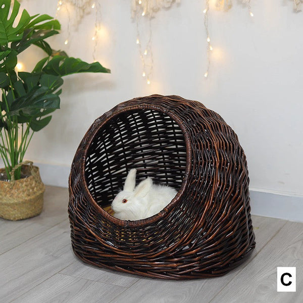 Hand woven Rattan Cat Bed, Natural Wicker Cat House Basket with Washable Cushion for Indoor Cats and Dogs-HomePaintingDecor