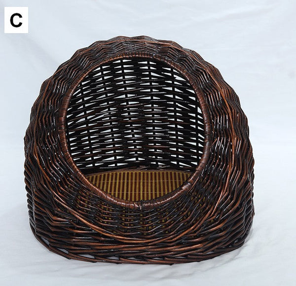 Hand woven Rattan Cat Bed, Natural Wicker Cat House Basket with Washable Cushion for Indoor Cats and Dogs-HomePaintingDecor