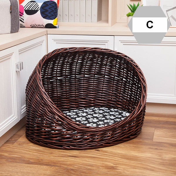 Natural Wicker Cat House Basket with Washable Cushion for Indoor Cats and Dogs, Hand woven Rattan Cat Bed-HomePaintingDecor