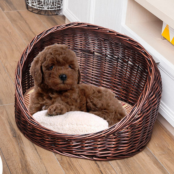 Natural Wicker Cat House Basket with Washable Cushion for Indoor Cats and Dogs, Hand woven Rattan Cat Bed-HomePaintingDecor