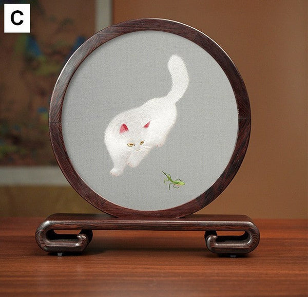 Exclusive Business Present, Lovely Kitty Cat Embroidered Decor, Premium Souvenir, Unique Birthday Gift, Traditional Chinese Suzhou Kitten Embroidery Ornament-HomePaintingDecor