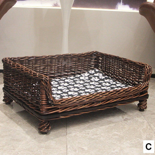 Large Natural Wicker Dog Bed with Washable Cushion for Indoor Cats and Dogs, Hand Woven Rattan Cat Beds-HomePaintingDecor