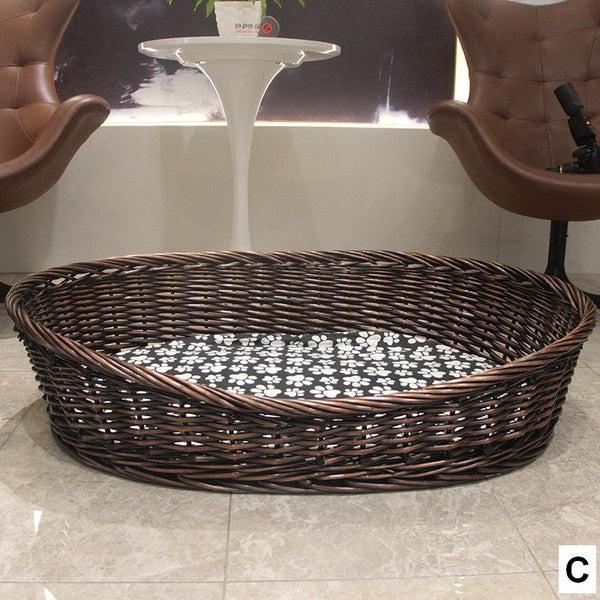 Natural Wicker Dog Bed with Washable Cushion for Indoor Cats and Dogs, Hand woven Rattan Cat Beds-HomePaintingDecor