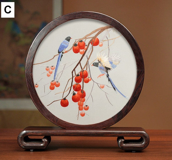 Flower and Bird Embroidery Ornaments, Unique Birthday Gift, Traditional Chinese Suzhou Silk Embroidered Ornament, Premium Souvenir, Exclusive Business Presents-HomePaintingDecor