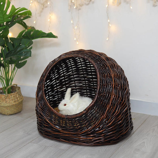 Hand woven Rattan Cat Bed, Natural Wicker Cat House Basket with Washable Cushion for Indoor Cats and Dogs-HomePaintingDecor