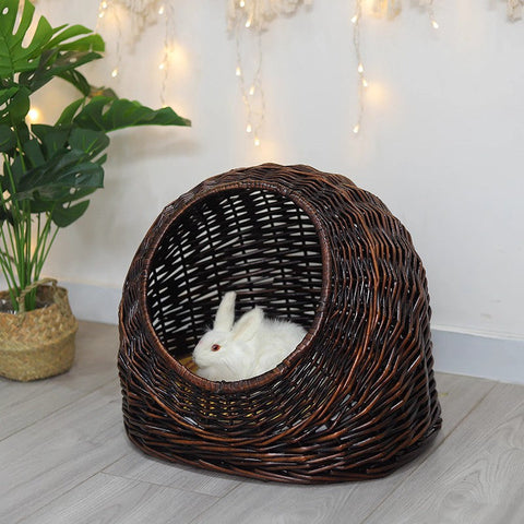 Hand woven Rattan Cat Bed, Natural Wicker Cat House Basket with Washable Cushion for Indoor Cats and Dogs-HomePaintingDecor