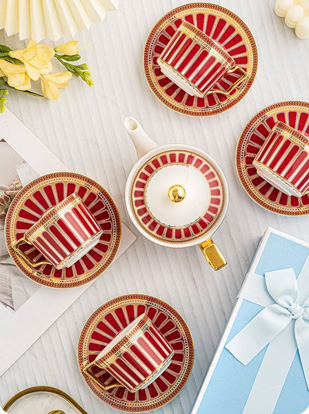 Modern Ceramic Coffee Cups, 7.4 oz Red Tea Cup and Saucer Set of 4 cups with Teapot in Gift Box, Porcelain Tea Cup and Saucer Set-HomePaintingDecor