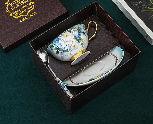 Elegant British Ceramic Coffee Cups, 7.4 oz Tea Cup and Saucer in Gift Box, Royal Porcelain Tea Cup Saucer Set, Rose Flower Pattern Ceramic Cups-HomePaintingDecor