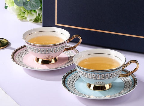 Royal Blue and Pink Bone China Porcelain Tea Cup Set, Tea Cups and Saucers in Gift Box, Elegant Ceramic Coffee Cups, Beautiful British Tea Cups-HomePaintingDecor