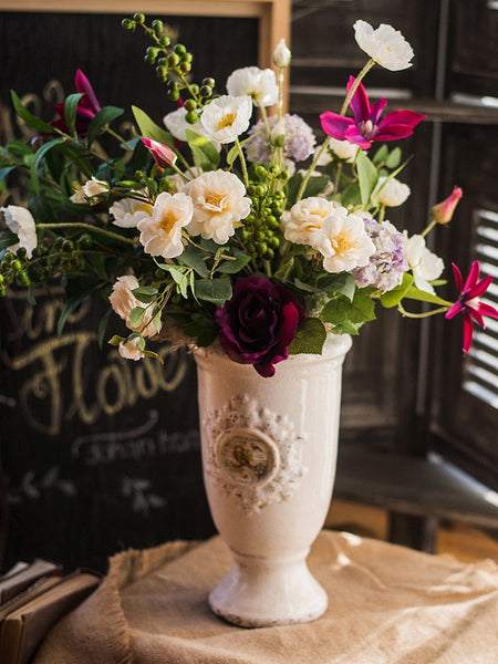 Clematis, Olive Branch, Sweet Alyssum, Corn poppy, Cranberry, Iceberg Rose Flowers, Unique Flower Arrangement for Home Decoration, Beautiful Artificial Flowers for Living Room-HomePaintingDecor