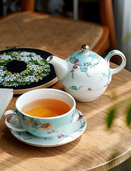 Porcelain Teapot with Matching Cup and Saucer in Gift Box, Stackable Teapot and Cup Set, Ceramic Tea Pot with Integrated Cup, Mother and Baby Teapot with Matching Saucer-HomePaintingDecor