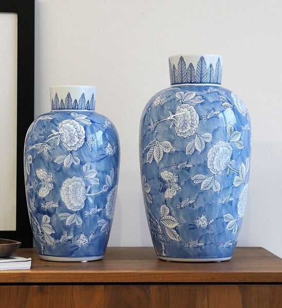 Centerpiece Ceramic Bouquet Vases, Handmade Modern Flower Vase, Large Flower Vases on Dining Table, Blue Porcelain Flower Vases-HomePaintingDecor