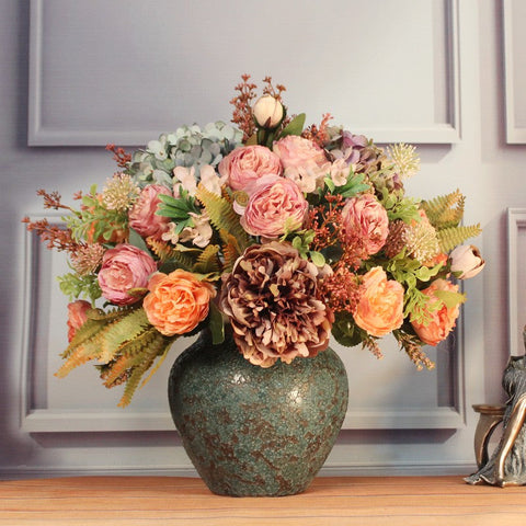 Large Bunch of Autumn Flowers Arrangement Interior Design, Unique Artificial Floral Arrangement for Dining Room, Peony Faux Silk Floral Bouquet Table Centerpiece-HomePaintingDecor