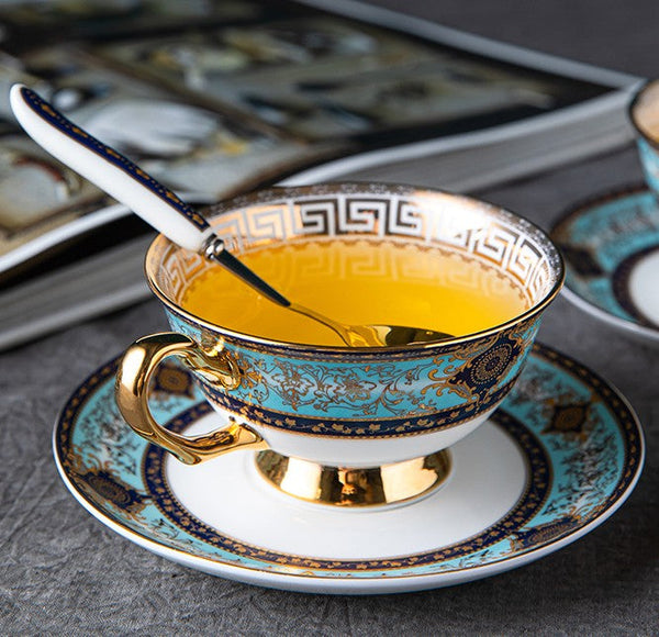 Unique Tea Cup and Saucer in Gift Box, 7.4 oz British Ceramic Coffee Cups, Porcelain Tea Cup Set for Office-HomePaintingDecor