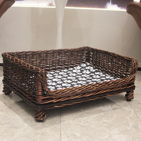 Large Natural Wicker Dog Bed with Washable Cushion for Indoor Cats and Dogs, Hand Woven Rattan Cat Beds-HomePaintingDecor