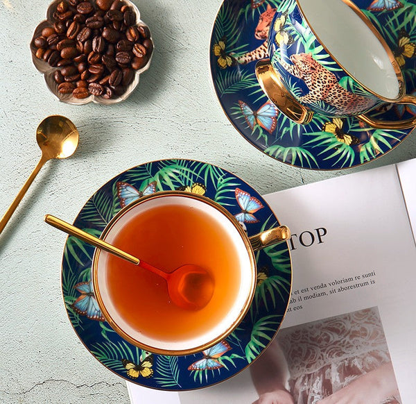 Creative Leopard Ceramic Coffee Cups, Unique Tea Cups and Saucers in Gift Box as Birthday Gift, Beautiful British Tea Cups, Creative Bone China Porcelain Tea Cup Set-HomePaintingDecor