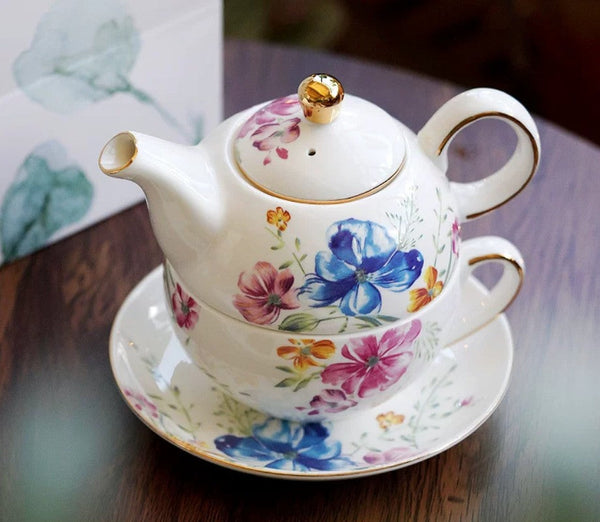 Ceramic Tea Pot with Integrated Cup, Stackable Teapot and Cup Set, Porcelain Teapot with Matching Cup and Saucer in Gift Box, Mother and Baby Teapot with Matching Saucer-HomePaintingDecor