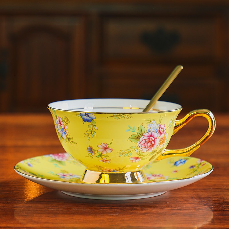 Ceramic Coffee Cup With Saucer, Traditional English Tea Cup, Classic Style, Blue Flowers
