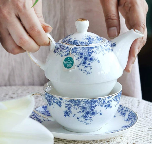 British Style Porcelain Teapot with Matching Cup and Saucer in Gift Box, Ceramic Tea Pot with Integrated Cup, Stackable Teapot and Cup Set, Mother-and-Baby Teapot with Matching Saucer-HomePaintingDecor