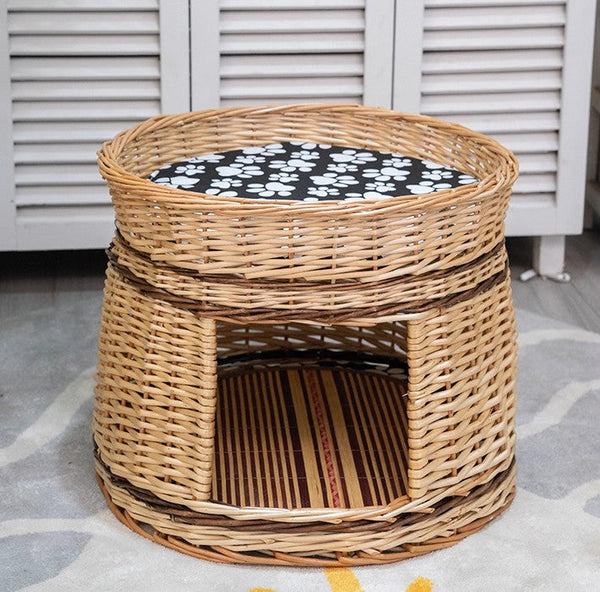 Large Double-Layer Cat Bed, Wicker Cat House Basket with Washable Cushion for Indoor Cats and Dogs-HomePaintingDecor