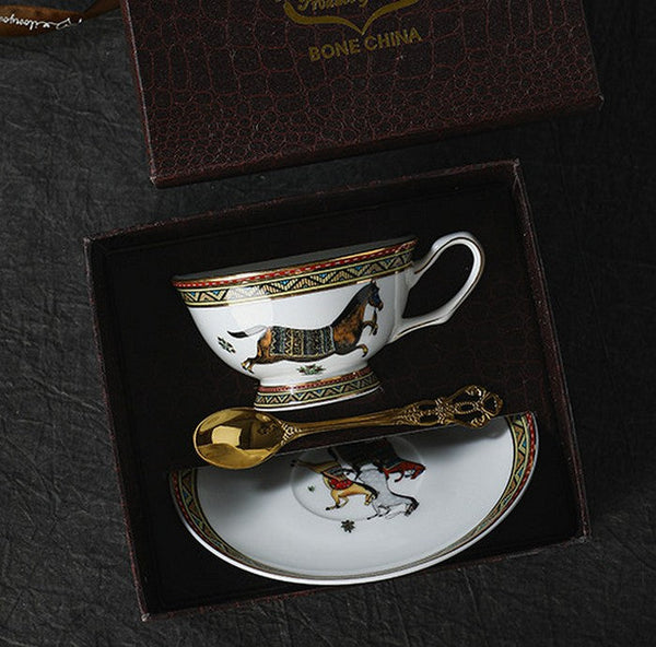 Elegant British Horse Pattern Coffee Cup with Saucer, 7.4 oz Ceramic Tea Cup and Saucer in Gift Box, Porcelain Tea Cup and Saucer Set-HomePaintingDecor