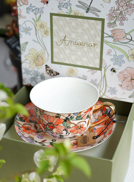 Elegant Ceramic Coffee Cups, Flower Bone China Porcelain Tea Cup Set, British Royal Ceramic Cups for Afternoon Tea, Unique Tea Cup and Saucer in Gift Box-HomePaintingDecor