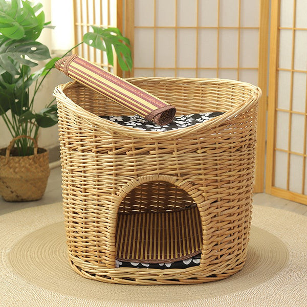 Washable Wicker Cat Bed, Wicker Cat House with Washable Cushion for Indoor Cats and Dogs