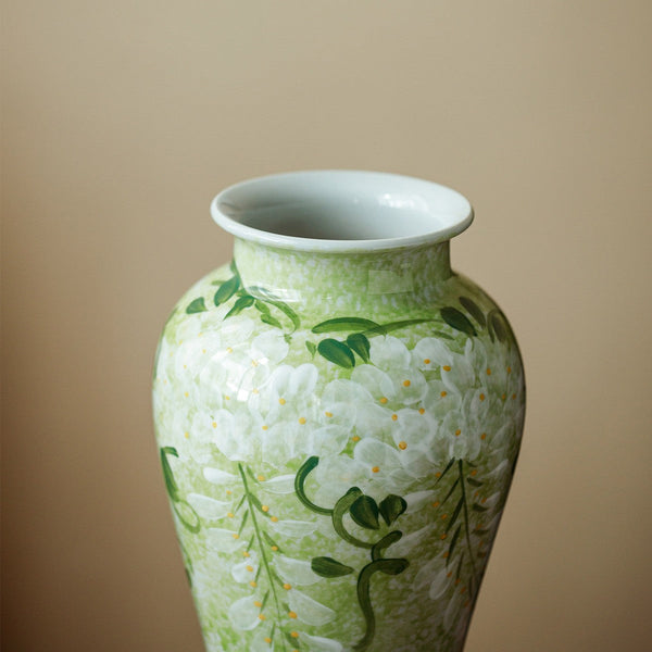 Large Flower Vases on Table, Green Porcelain Flower Vases, Centerpiece Ceramic Bud Vases, Handmade Water Holding Flower Vase-HomePaintingDecor