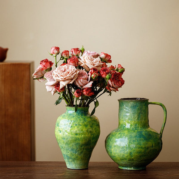 Modern Pottery Flower Vases, Handmade Water Holding Flower Vases, Pottery Bud Vases, Large Green Flower Vases on Table, Centerpiece on Dining Table-HomePaintingDecor