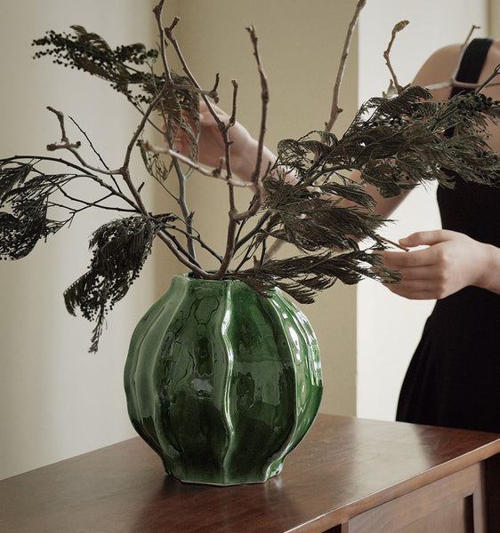 Large Contemporary Vases on Dining Table, Handmade Modern Flower Vase, Centerpiece Ceramic Bouquet Vases, Green Porcelain Vases for Modern Home Decor-HomePaintingDecor