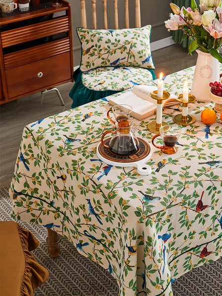 Bird Flower Pattern Farmhouse Table Cloth, Large Modern Rectangle Tablecloth for Dining Room Table, Square Tablecloth for Round Table-HomePaintingDecor