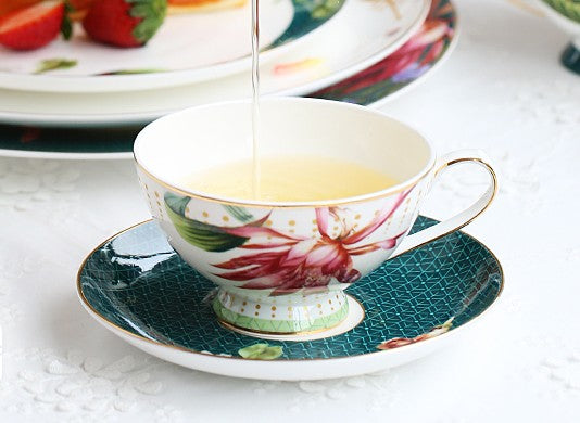 Lotus Flower Porcelain Tea Cup Saucer Set, Elegant Ceramic Coffee Cups, Beautiful British Tea Cups, Traditional English Tea Cup and Saucer-HomePaintingDecor