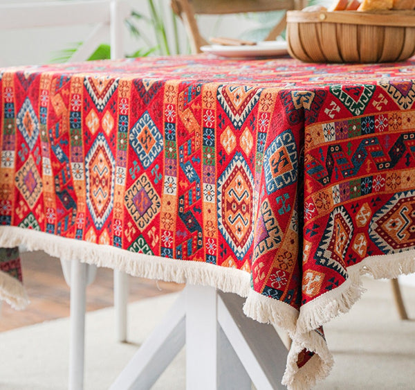 Oriental Red Rectangular Table Covers for Coffee Table, Bohemian Rectangular Tablecloth for Oval Table, Large Modern Linen Tablecloths-HomePaintingDecor