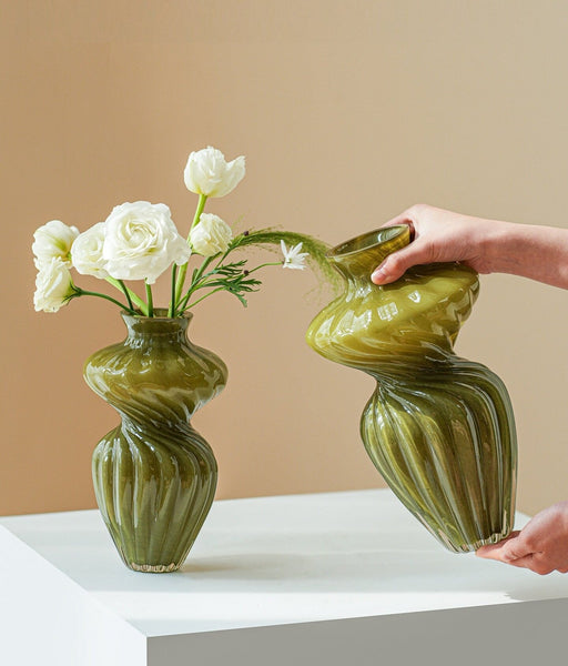 Handmade Contemporary Glass Vases, Modern Green Vases for Living Room, Mid Century Vases for Flowers, Unique Decorative Glass Vase, Centerpiece Vases on Table-HomePaintingDecor