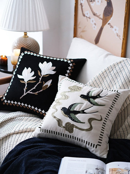 Luxury Decorative Pillows for Couch, Modern Throw Pillows for Couch, Vintage Decorative Pillows, Embroidered Swallow Birds Cushion, Decorative Pillow Arrangement Ideas for Bed-HomePaintingDecor